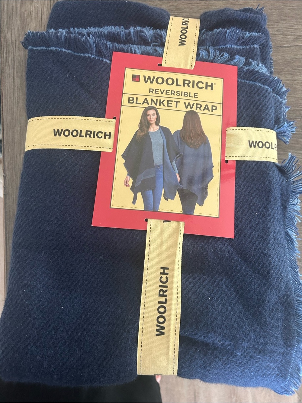 Woolrich Navy Fringe Reversible Blanket Wrap